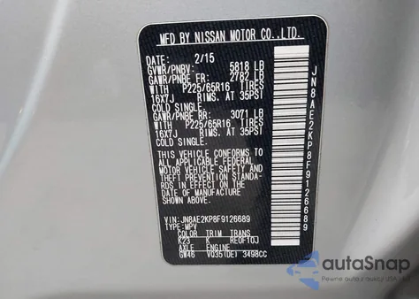 2015 Nissan Quest Platinum/S/Sl/Sv from USA, damaged, VIN JN8AE2KP8F9126689